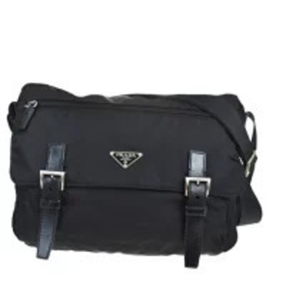 Prada Tessuto messenger bag logo leather buckle Black